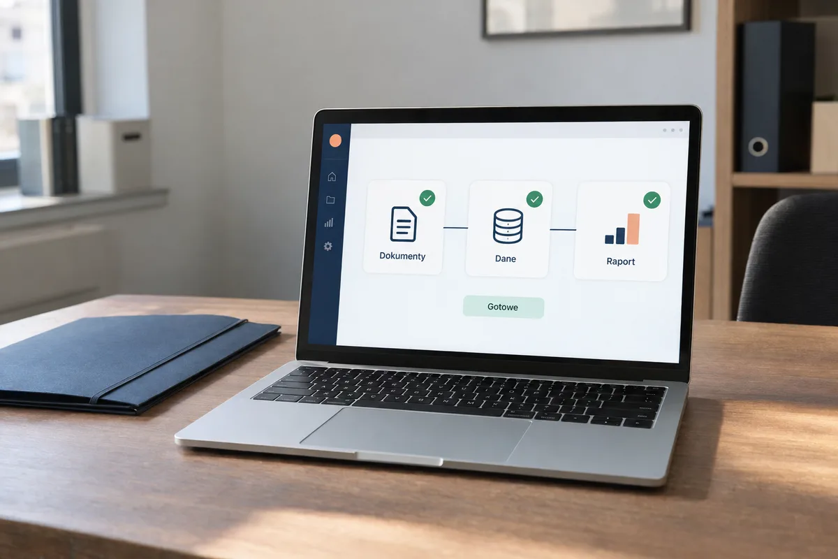 Ilustracja: laptop z etapami procesu — dokumenty, dane i raport