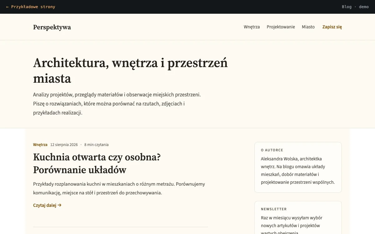 Układ bloga: lista artykułów, kategorie i newsletter