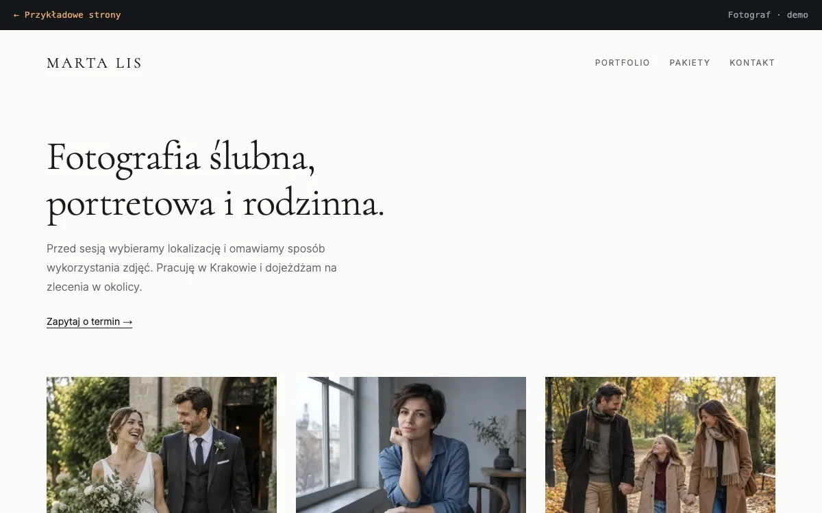 Układ portfolio z galerią i pakietami sesji