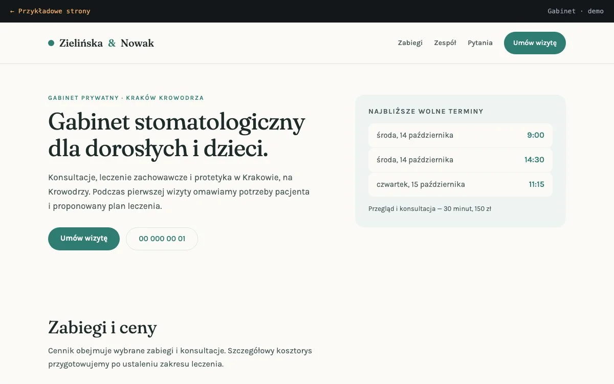 Układ strony gabinetu: zabiegi, zespół i terminy wizyt