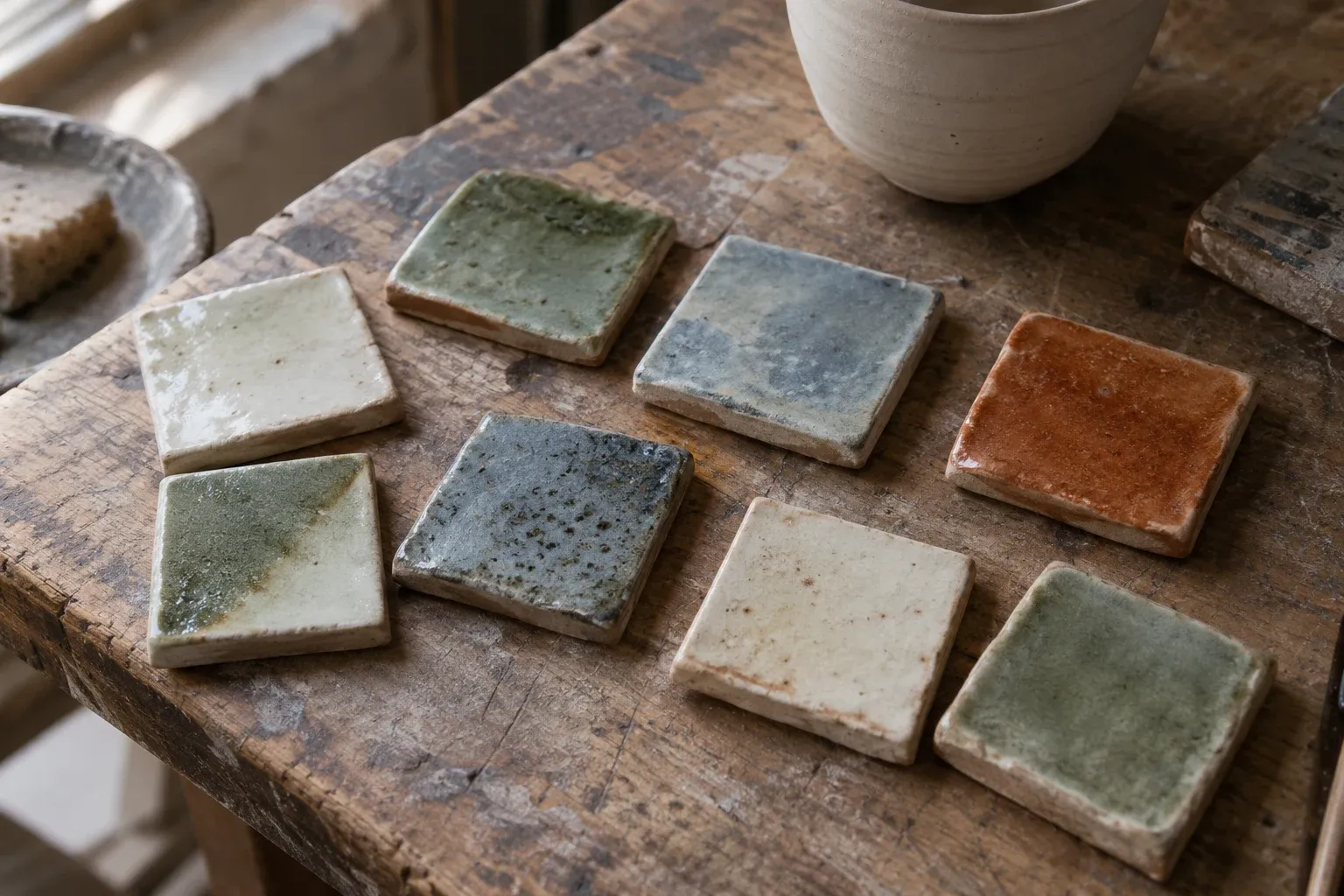 Ilustracja próbek szkliw na ceramicznych płytkach