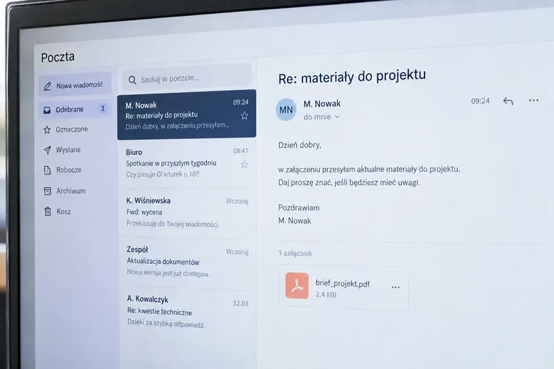 Ilustracja: firmowa skrzynka pocztowa z otwartą wiadomością i załącznikiem
