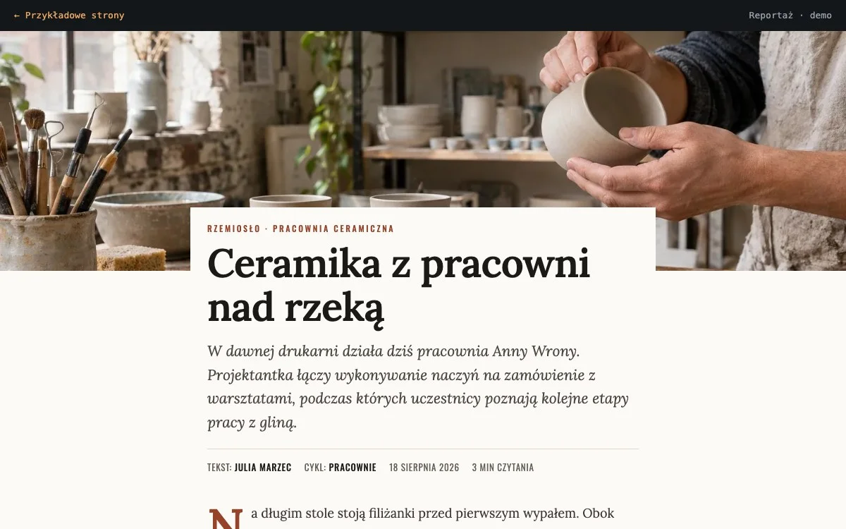 Układ artykułu z okładką, cytatami i ilustracją