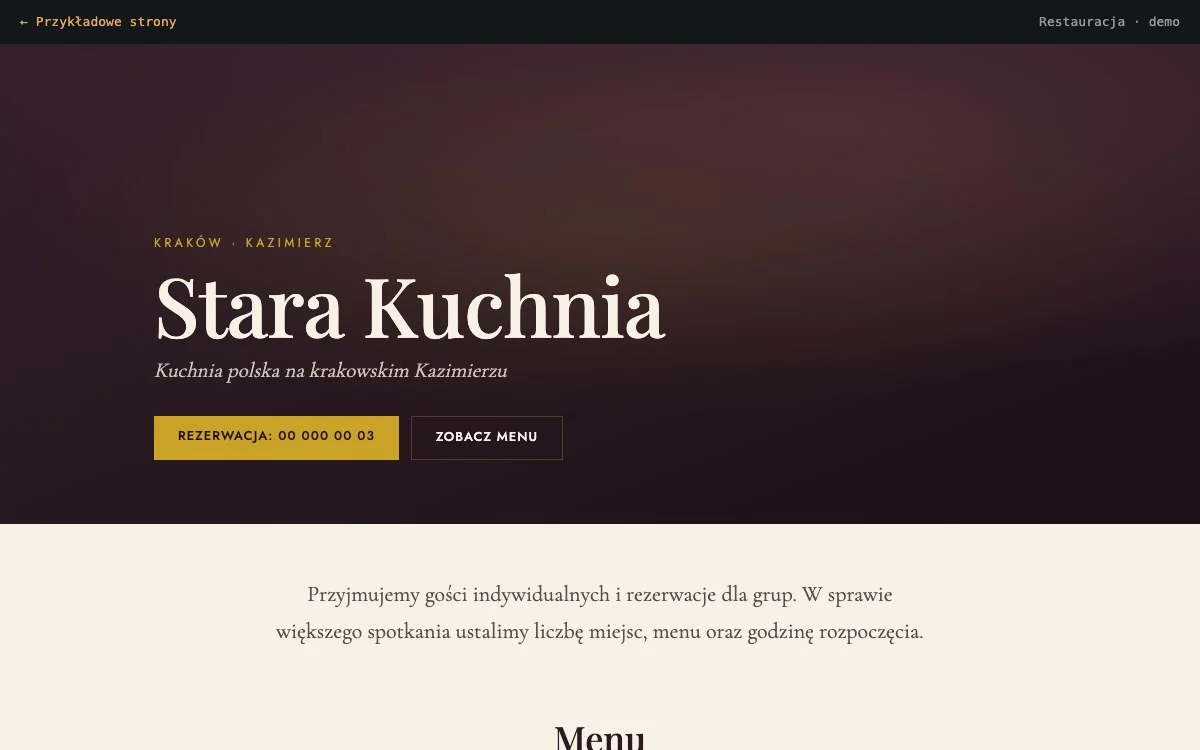 Układ strony restauracji z menu i rezerwacją