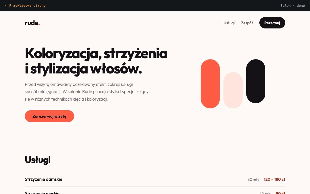 Układ strony salonu: usługi, ceny i styliści