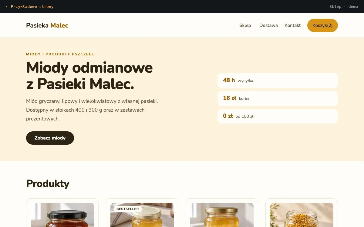 Układ sklepu z kartami produktów i informacjami o dostawie