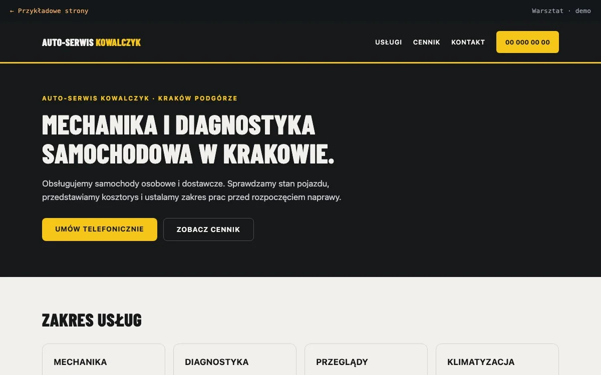 Układ strony warsztatu: oferta, cennik i opinie
