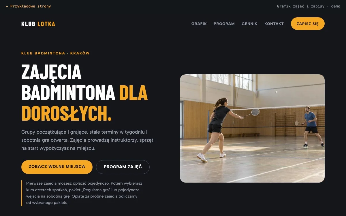 Układ zajęć: oferta obok zdjęcia, grafik grup i cennik